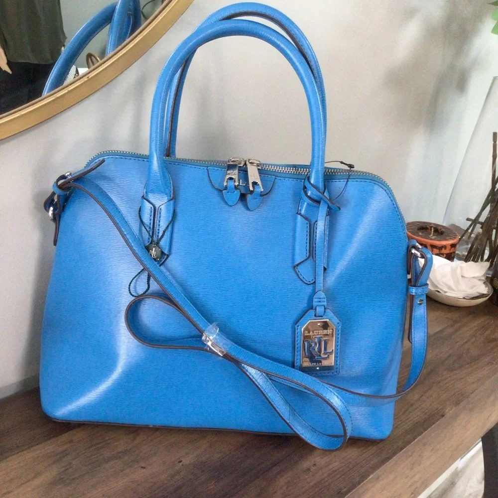 LAUREN Ralph Lauren Tate Dome Leather Vibrant Light Blue Satchel Gold Hardware